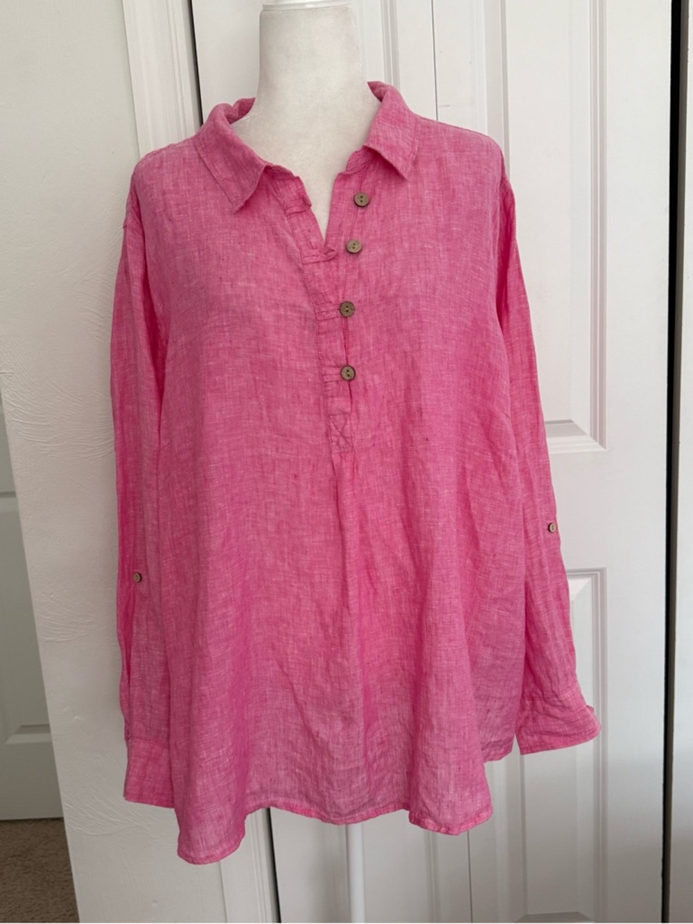 Sigrid Olsen Hot Pink Linen Button-Placket Tunic